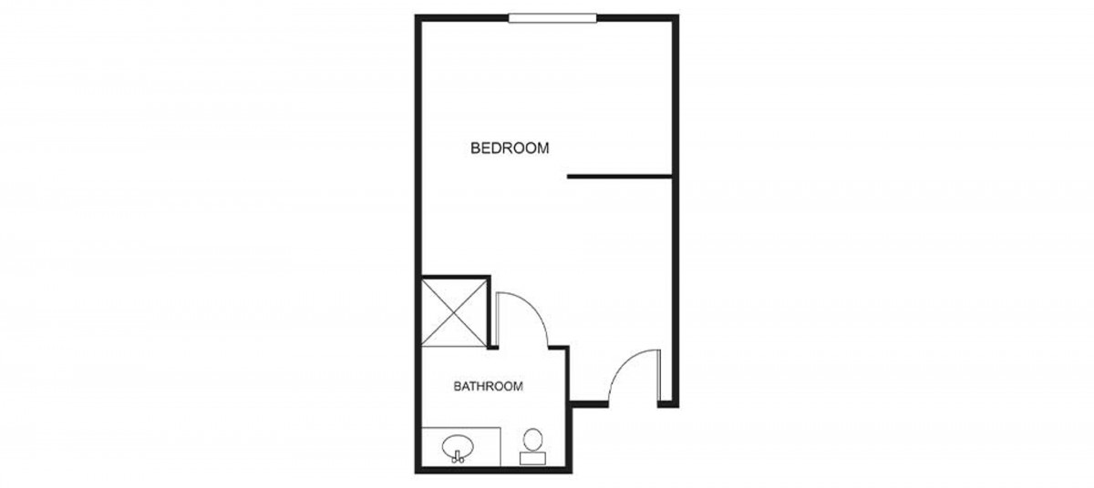 A simple floor plan showing a bedroom and a bathroom.