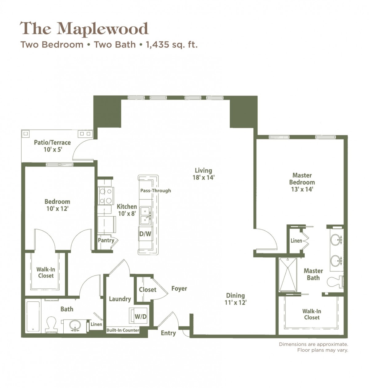 Floor plan of The Maplewood featuring two bedrooms and two baths, covering a total area of 1,046 sq. ft.