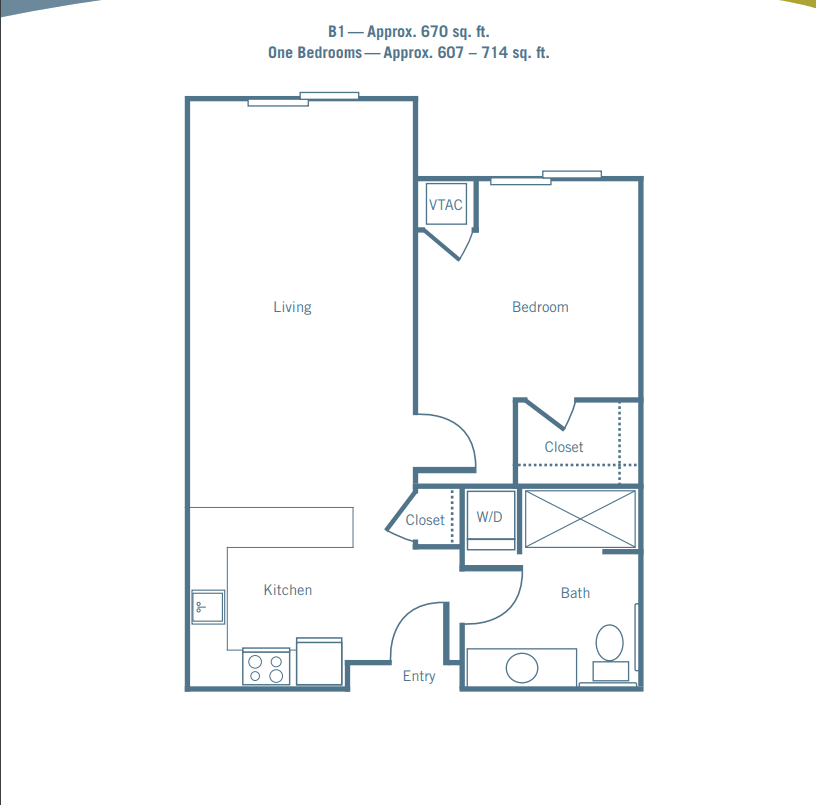 A floor plan of a one-bedroom apartment with detailed layout and dimensions.