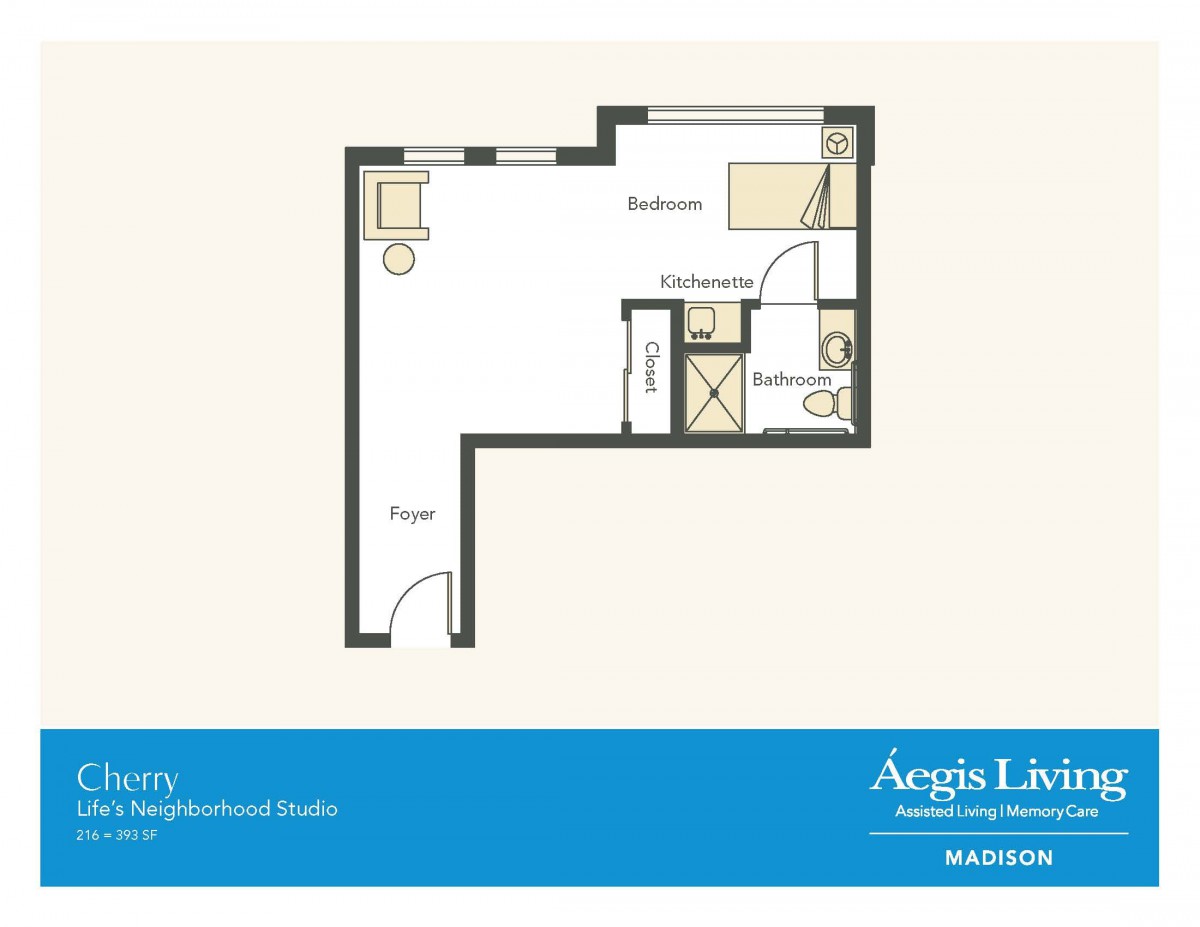 An architectural floor plan of an apartment unit with designated areas for a bedroom, bathroom, and living space.