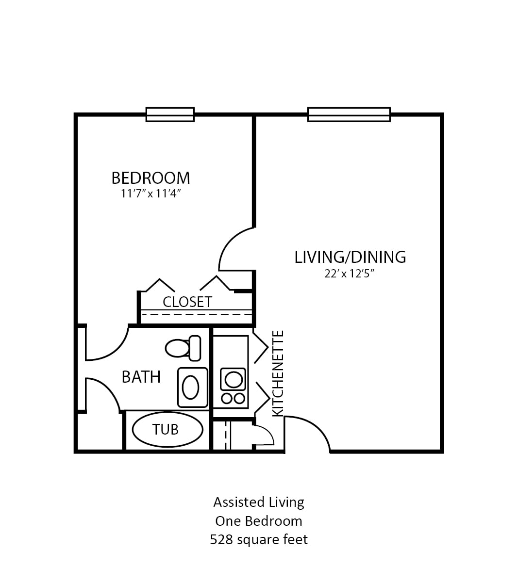 One-bedroom assisted living apartment floor plan, featuring a living/dining area, bathroom, and closet.
