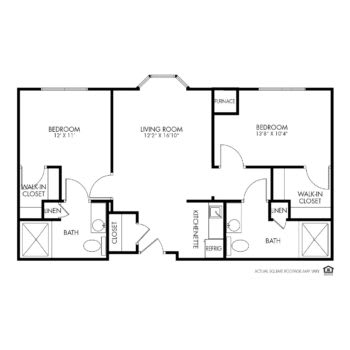 A floor plan of a two-bedroom apartment with a living room, kitchen, and bathrooms.