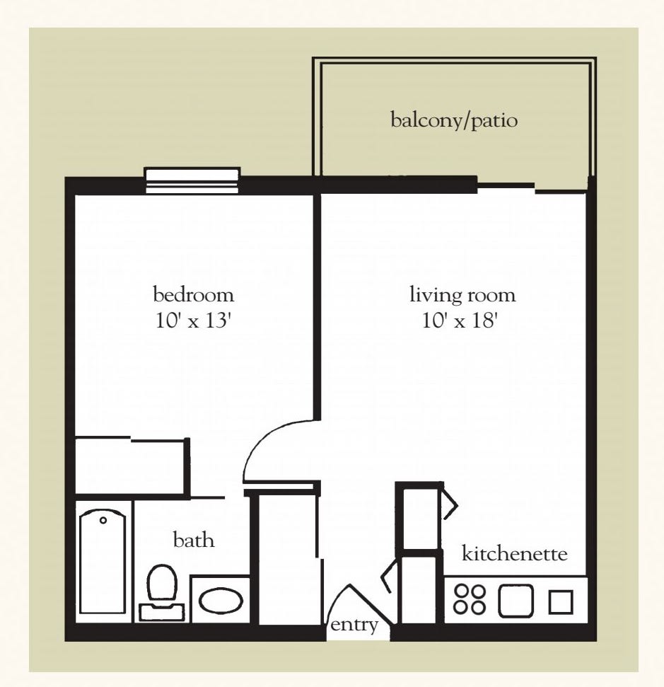 A floor plan showing a one-bedroom apartment with living room, kitchen, bathroom, and balcony.