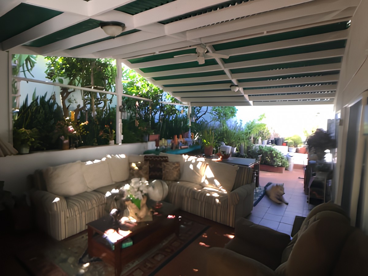 A cozy patio with comfortable outdoor seating and lush greenery.