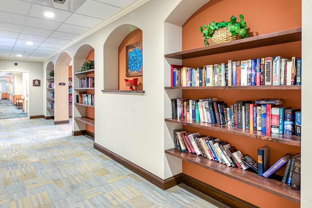 A cozy library corner with neatly arranged books on wooden shelves.