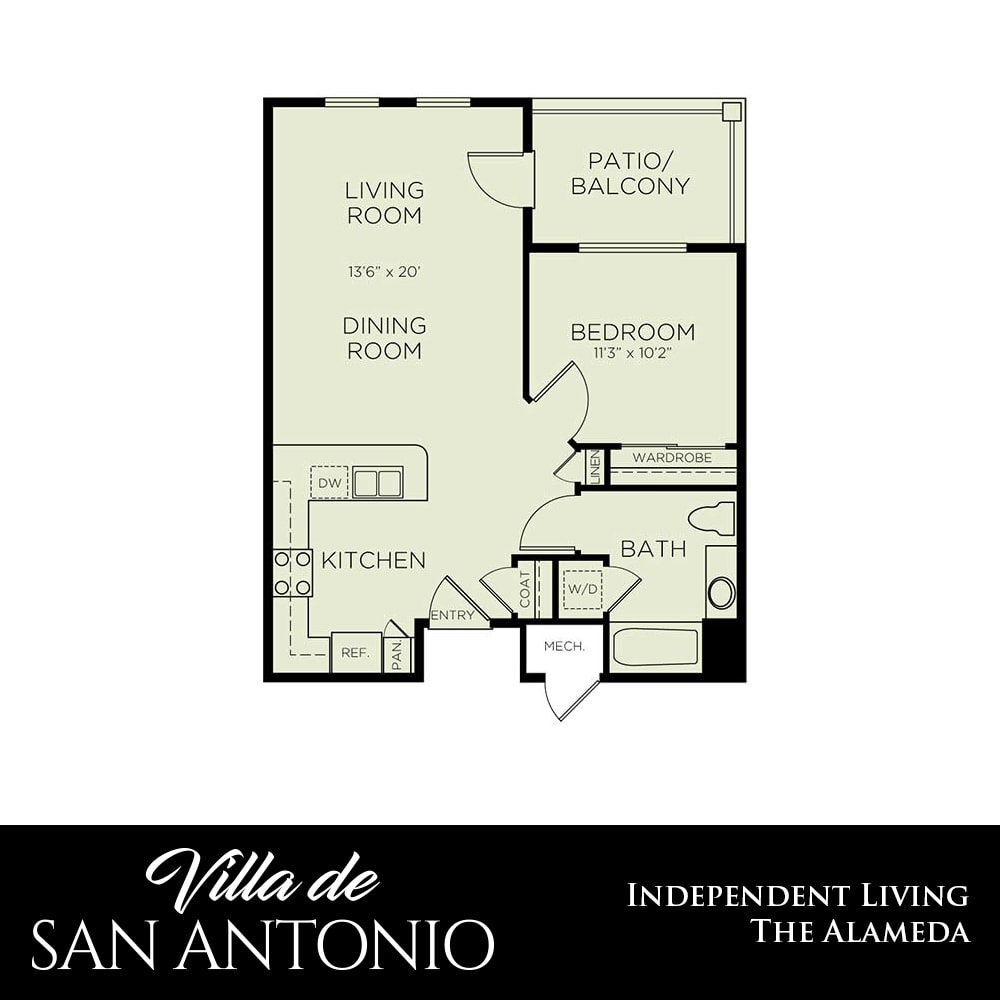 Floor plan of a one-bedroom apartment at Villa de San Antonio for independent living.