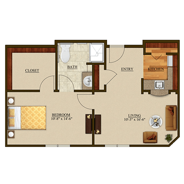 A floor plan showcasing a two-bedroom apartment with a living room, kitchen, and bathroom.