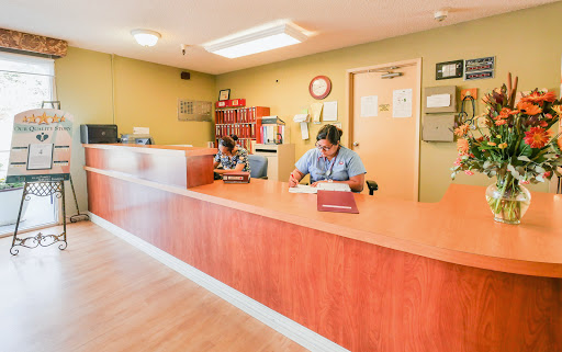 A busy reception area with staff attending to their tasks.