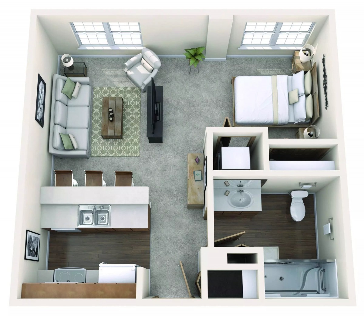 A modern one-bedroom apartment floor plan featuring an open living area, kitchen, bathroom, and a separate bedroom.