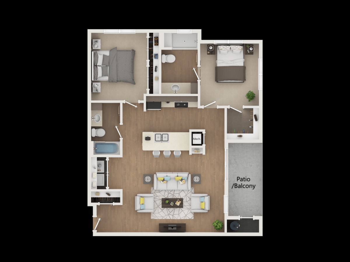 This is a floor plan of a two-bedroom apartment featuring a kitchen, living room, bathroom, and patio balcony.