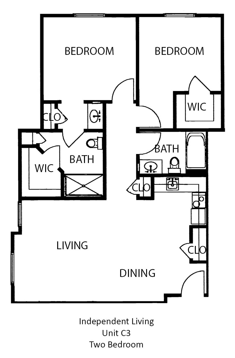 A floor plan of a two-bedroom apartment featuring a living room, dining area, and two bathrooms.