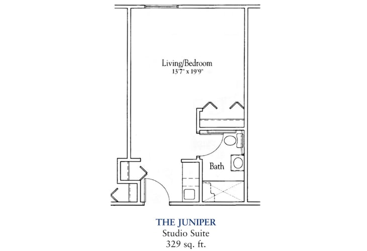 The floor plan of The Juniper studio suite, measuring 329 sq. ft.