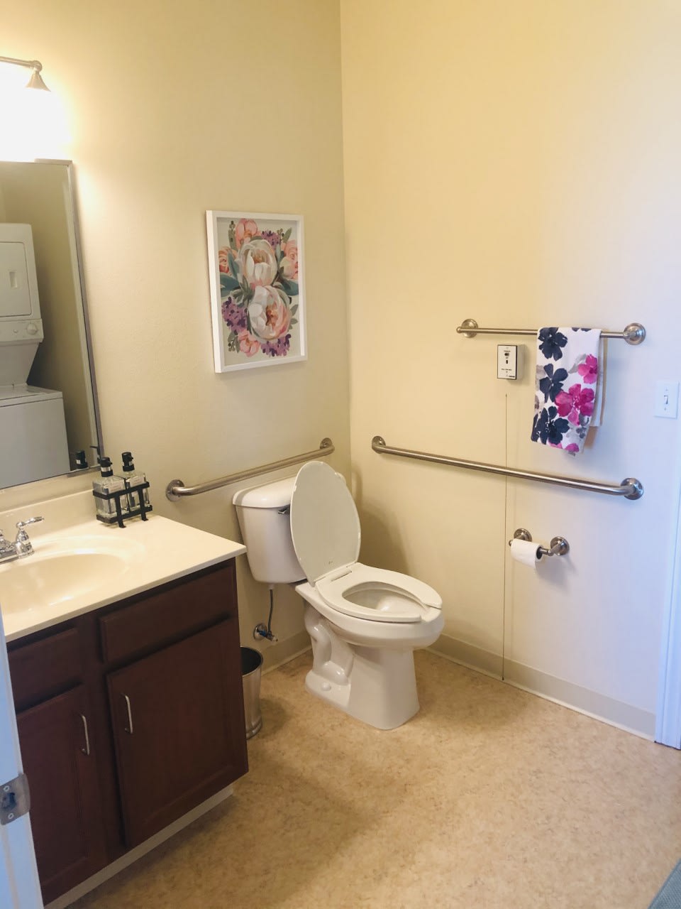 A bathroom with accessibility features including handrails and an easy-reach towel rack.