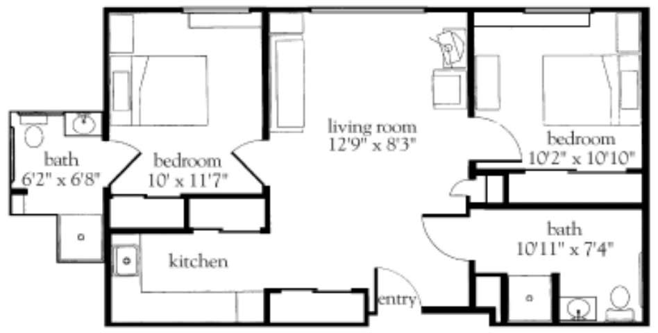 A simple floor plan of an apartment with labeled room dimensions.