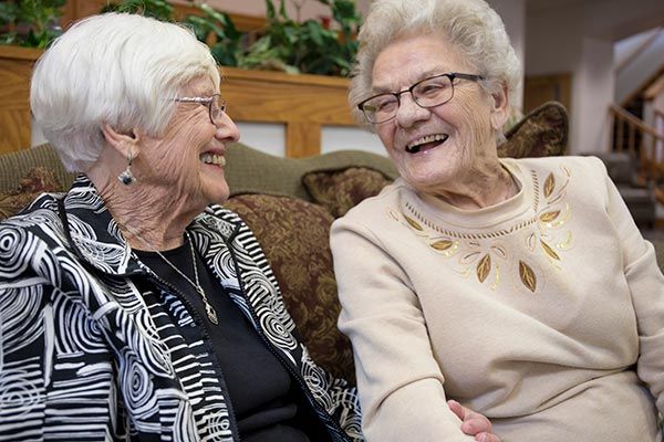 Two elderly women smiling and enjoying a conversation.