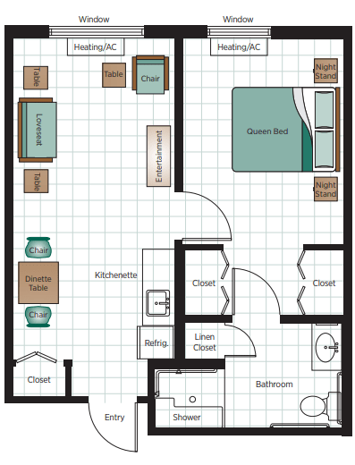 A floor plan of a one-bedroom apartment with labeled rooms.