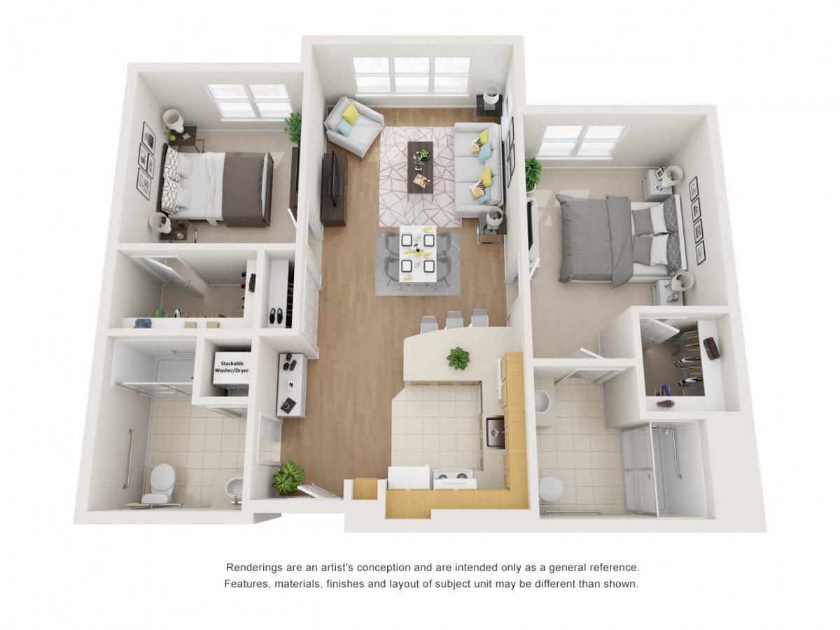 A detailed floor plan showing a two-bedroom apartment with a living area, kitchen, and bathroom.
