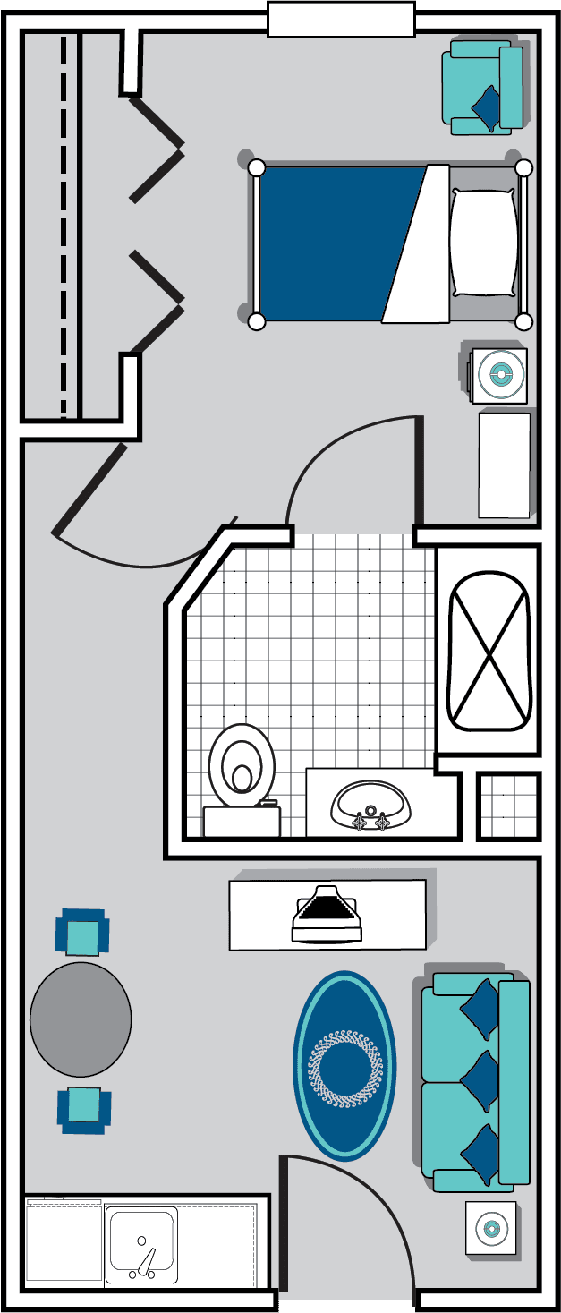 A floor plan layout of a bathroom featuring a toilet, sink, and bathtub.