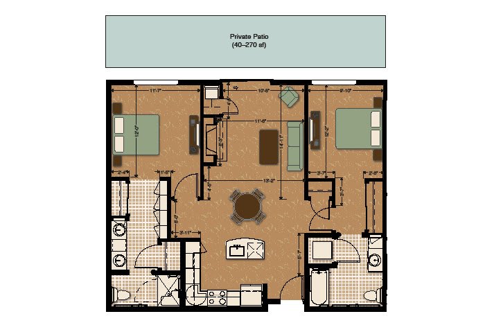A detailed floor plan of a two-bedroom apartment with designated areas for the kitchen, living room, and bathrooms.