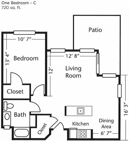 A floor plan of a one-bedroom apartment, including a living room, kitchen, dining area, bathroom, and patio.