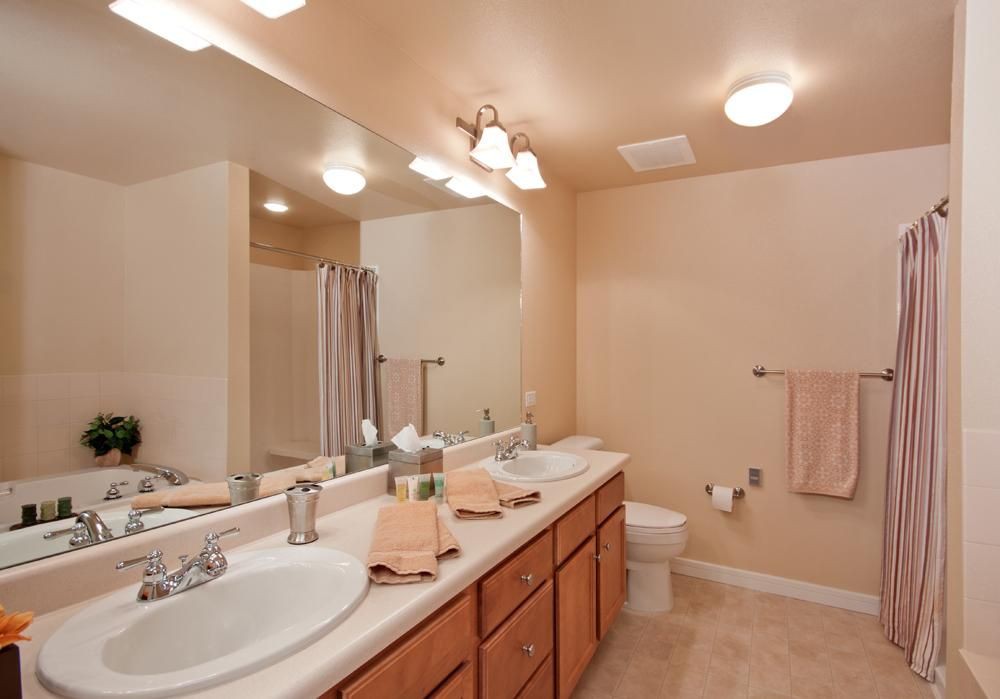 A well-lit bathroom featuring a double sink vanity with mirrors, wooden cabinets, and a shower area.