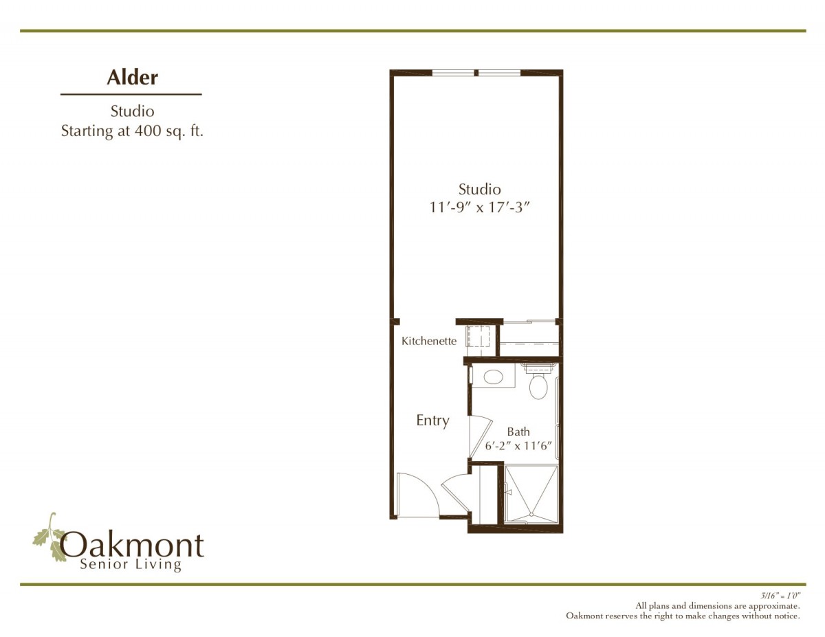 A studio apartment floor plan showing a layout with dimensions.