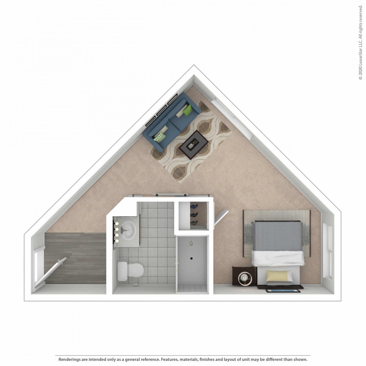 A triangular floor plan featuring a living room, bedroom, and bathroom.