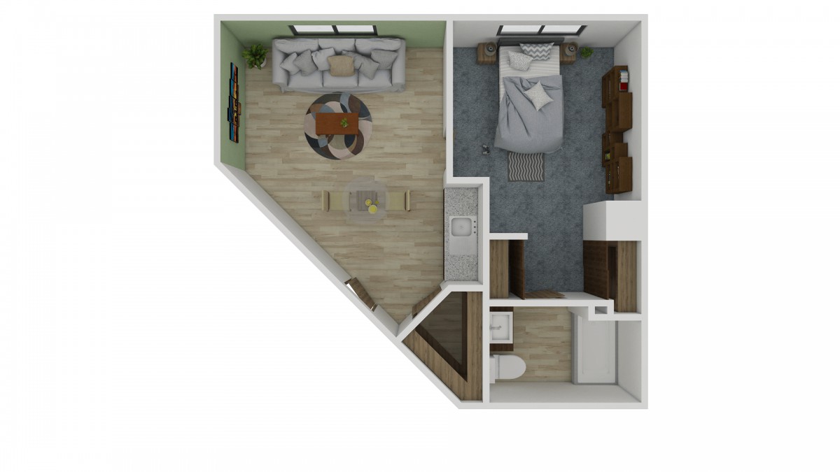 A floor plan of a one-bedroom apartment featuring a living room, kitchen, bathroom, and bedroom.