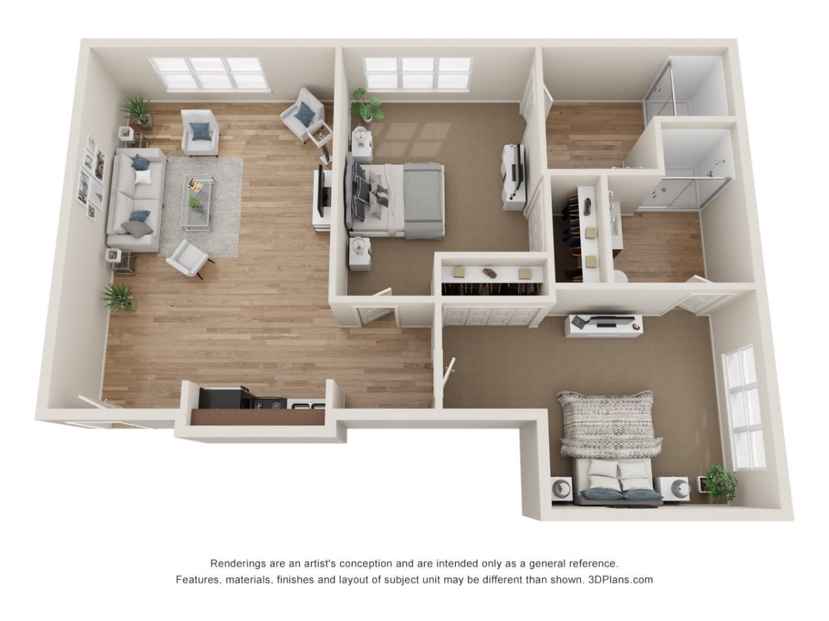 A 3D rendered floor plan of an apartment showcasing a modern layout with a kitchen, living room, bedroom, and bathroom.