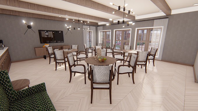 A modern dining room with multiple round tables and chairs, featuring stylish lighting fixtures and wooden ceiling beams.