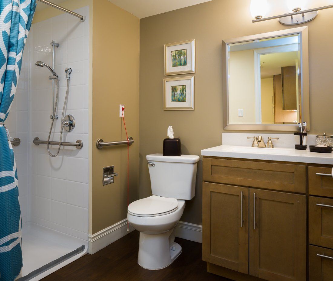 A modern bathroom featuring a toilet, sink with cabinet, shower area, and decorative elements.