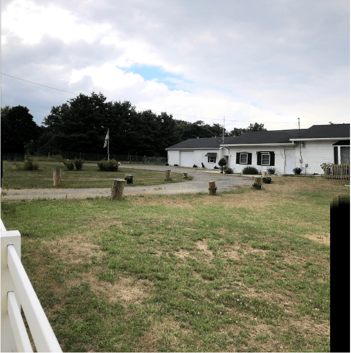A view of a house with a large yard, surrounded by trees and under a cloudy sky.