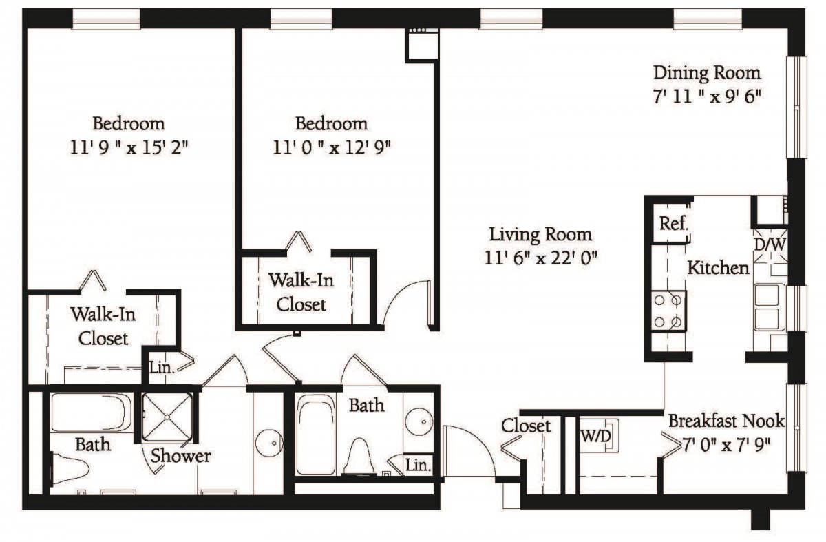 A detailed floor plan of a two-bedroom apartment featuring a living room, kitchen, bathroom, and walk-in closet.