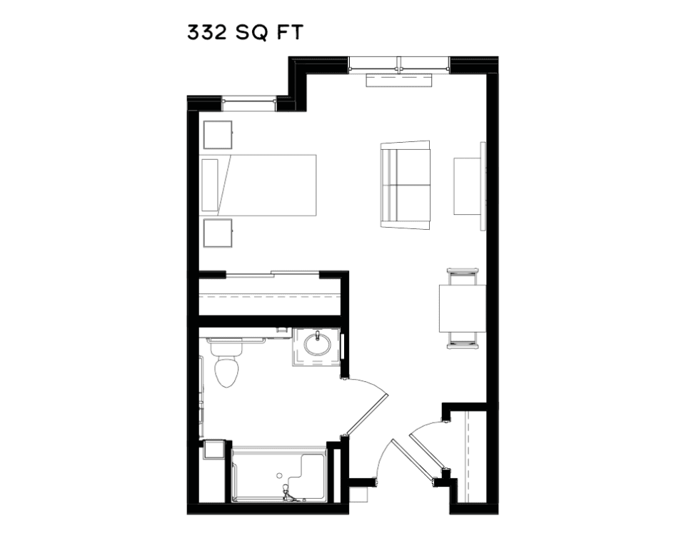 A floor plan of a 352 square foot studio apartment, featuring a living area, kitchen, and bathroom.