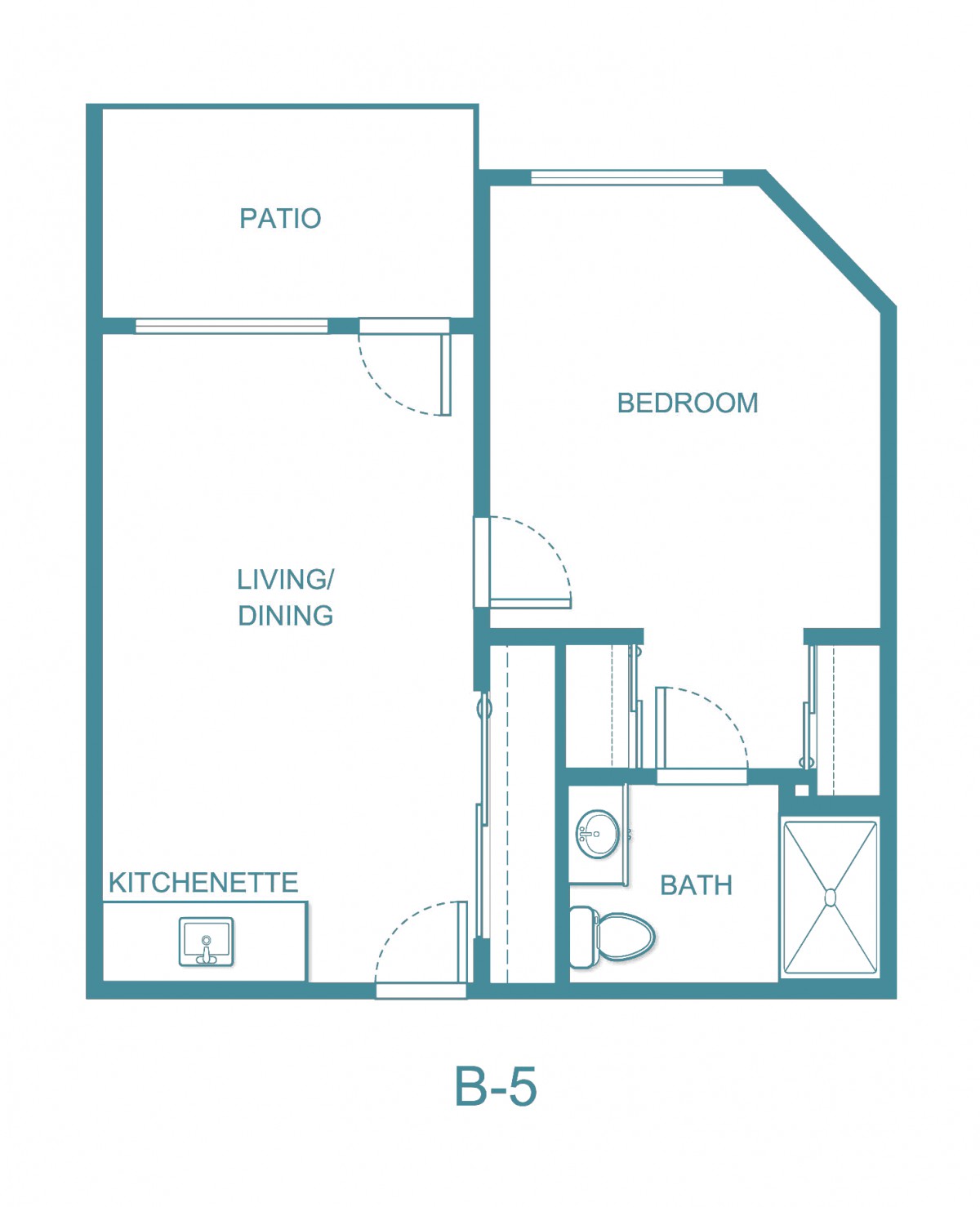 A floor plan of a one-bedroom apartment with a patio and kitchenette.