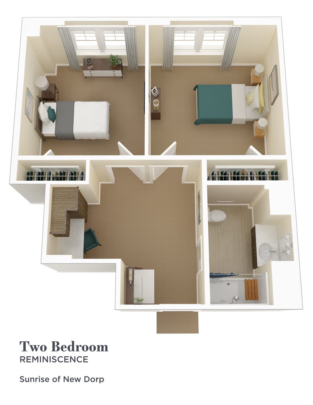 A detailed floor plan of a two-bedroom apartment, showing the arrangement of rooms and living spaces.