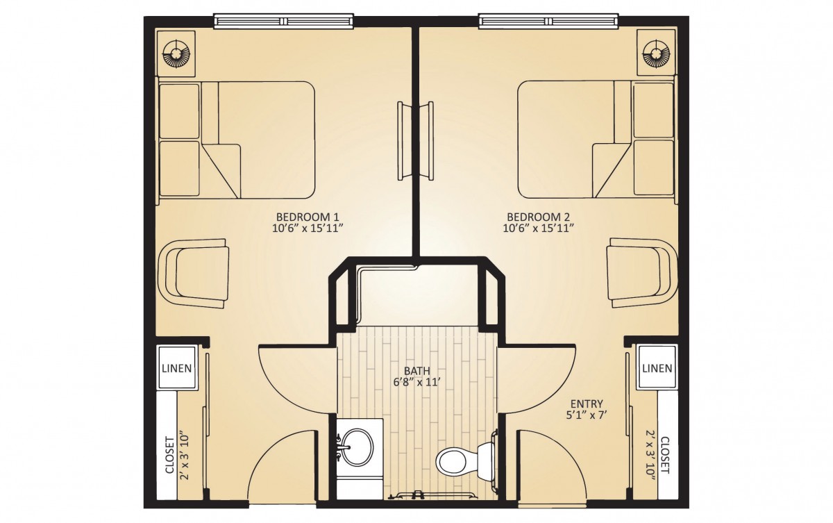 A floor plan of a two-bedroom apartment with shared bathroom and living space.