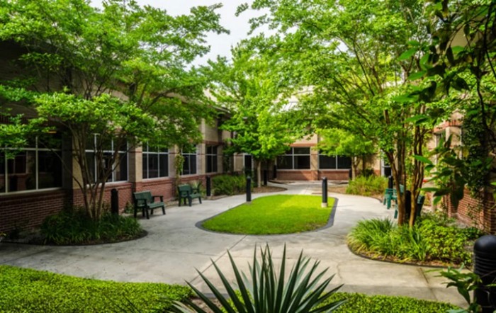A serene courtyard surrounded by lush greenery with outdoor seating and winding pathways.