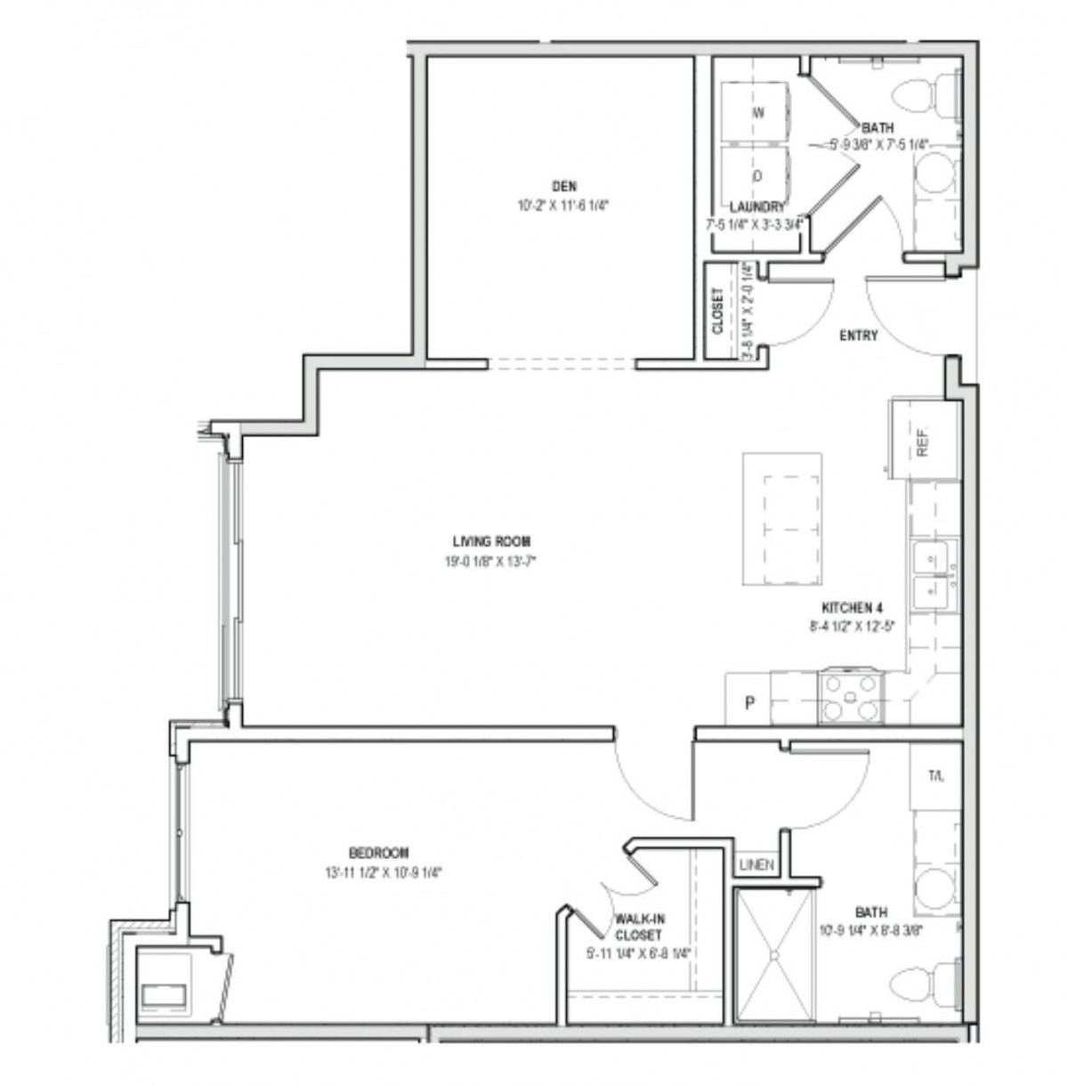 Architectural floor plan of an apartment featuring a living room, kitchen, and one bedroom.