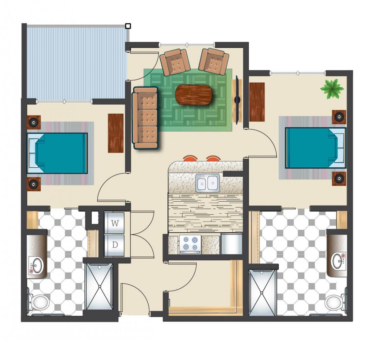 A floor plan of an apartment featuring two bedrooms, a living room, a kitchen, and two bathrooms.