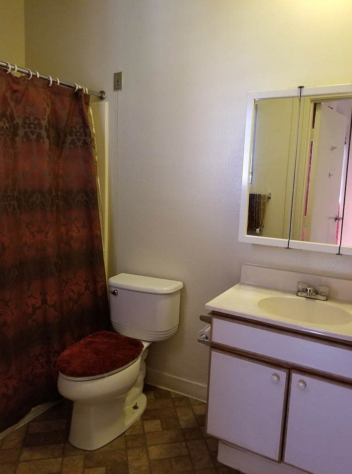 A bathroom with a sink, toilet, and shower curtain.