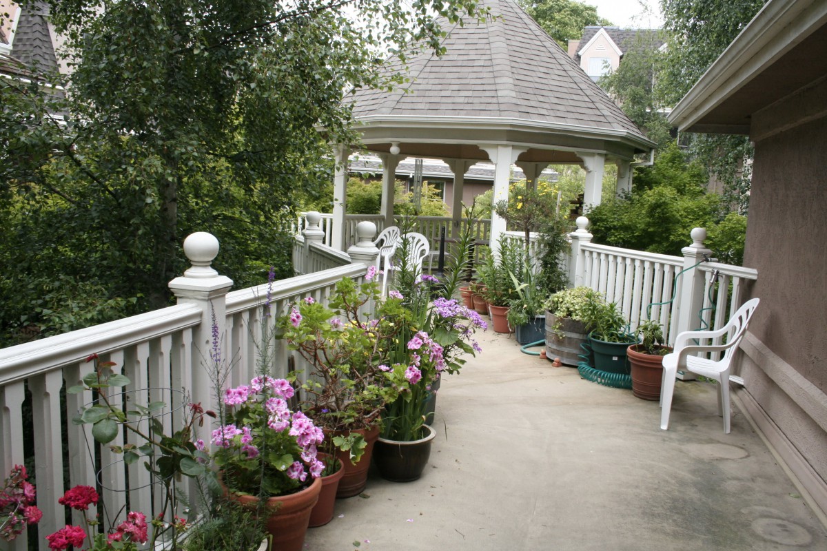 A charming garden pathway lined with potted plants and flowers leading to a gazebo.