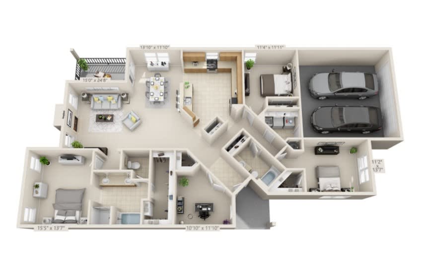 A 3D rendered floor plan of a spacious house showcasing the layout of rooms, including bedrooms, bathrooms, kitchen, living area, and garage.