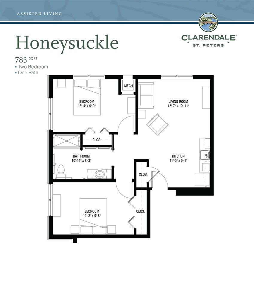 Floor plan of a two-bedroom apartment named 'Honeysuckle'.