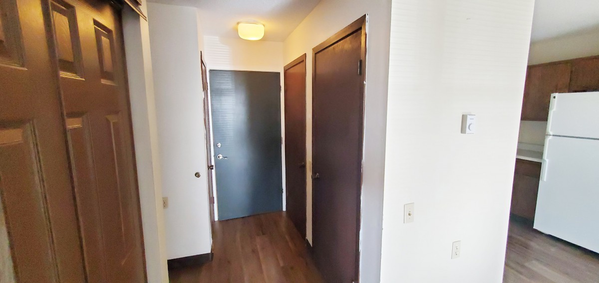 A hallway with two wooden doors, a front entrance door, and wooden flooring.