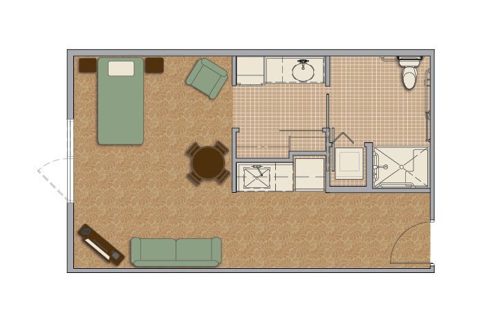 A simple floor plan showing the layout of a small apartment with areas for a bedroom, living room, kitchen, and bathroom.
