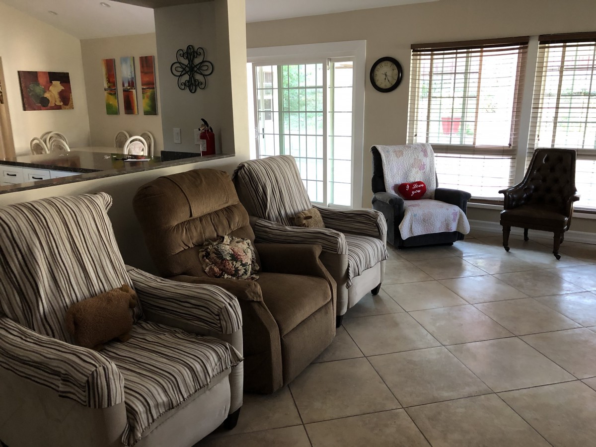 A cozy living room with several armchairs and large windows letting in natural light.