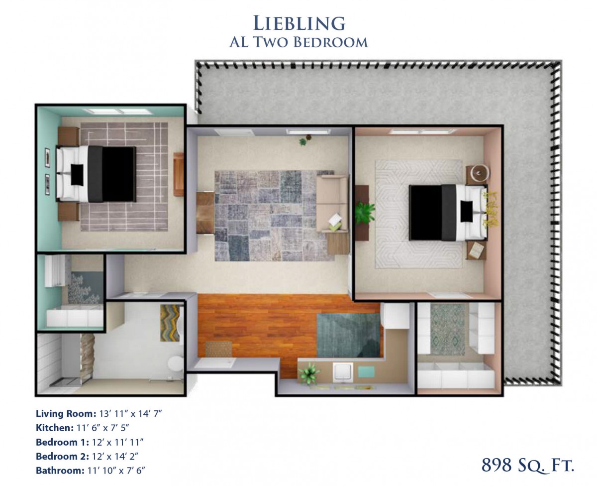 Floor plan of a two-bedroom apartment with a living room, kitchen, and bathroom.