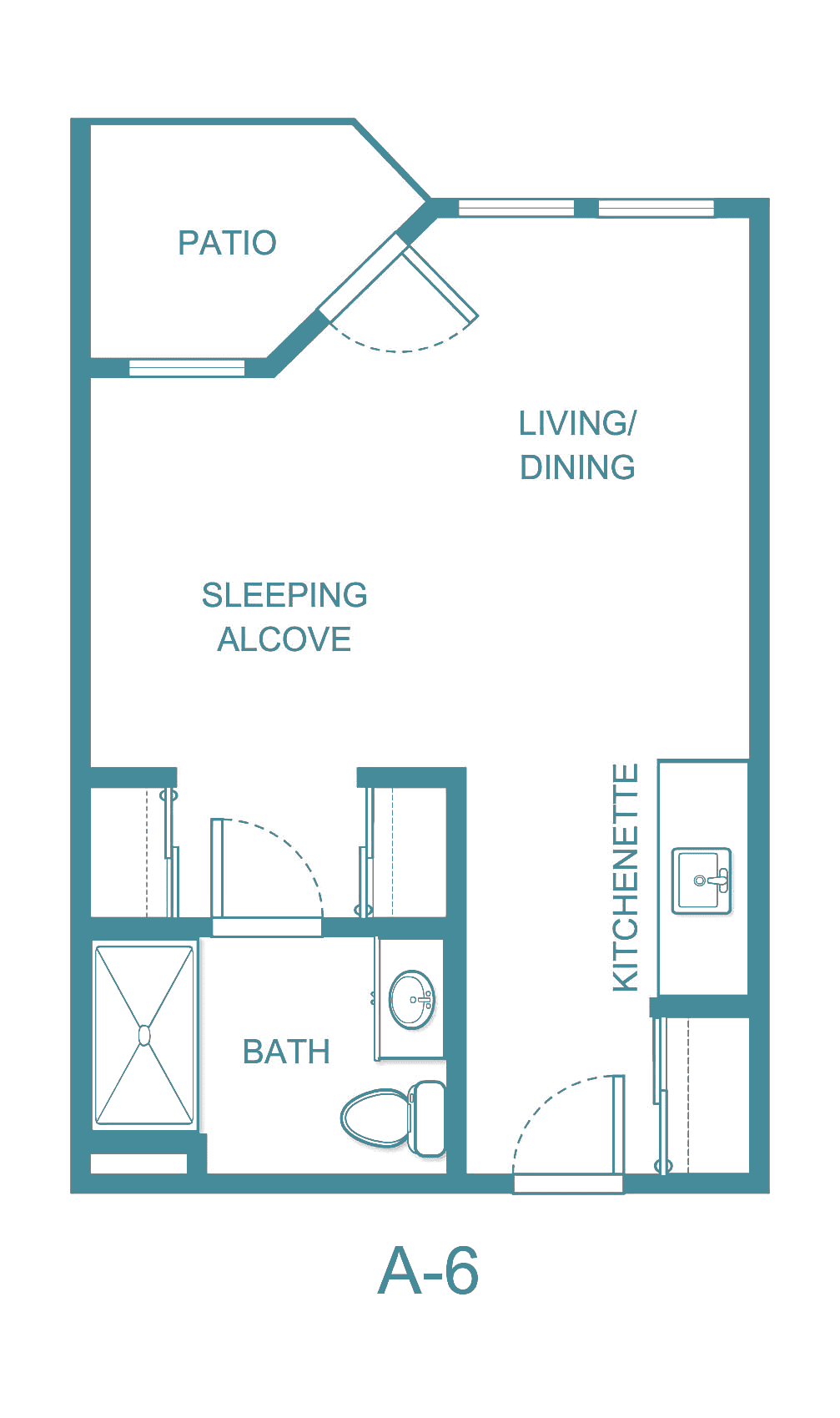 Studio apartment floor plan with a living/dining area, sleeping alcove, kitchenette, and bathroom.