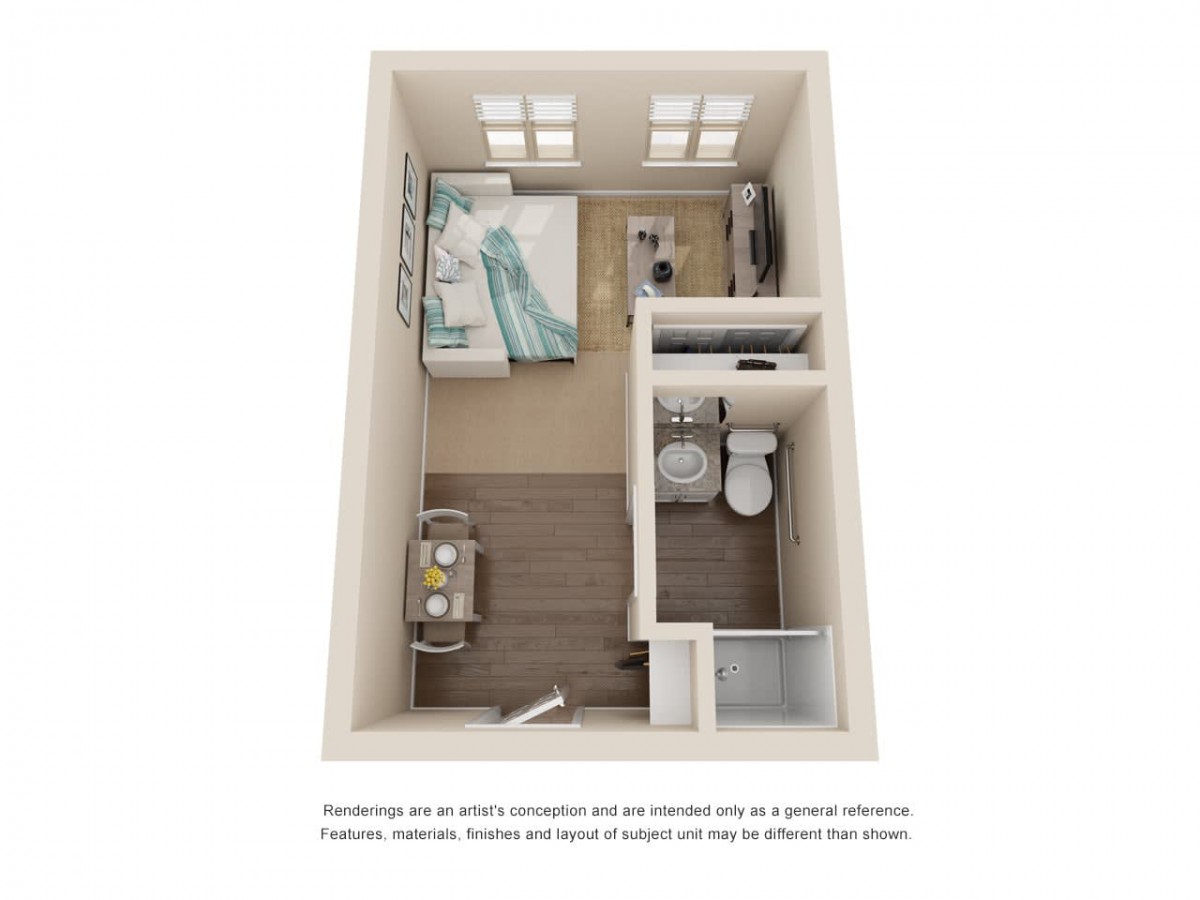 3D floor plan of a compact studio apartment featuring a bedroom, bathroom, and living area.